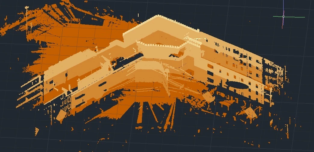 Nuvola di punti in tonalità ocra di un edificio storico, con volumi e superfici rilevate.